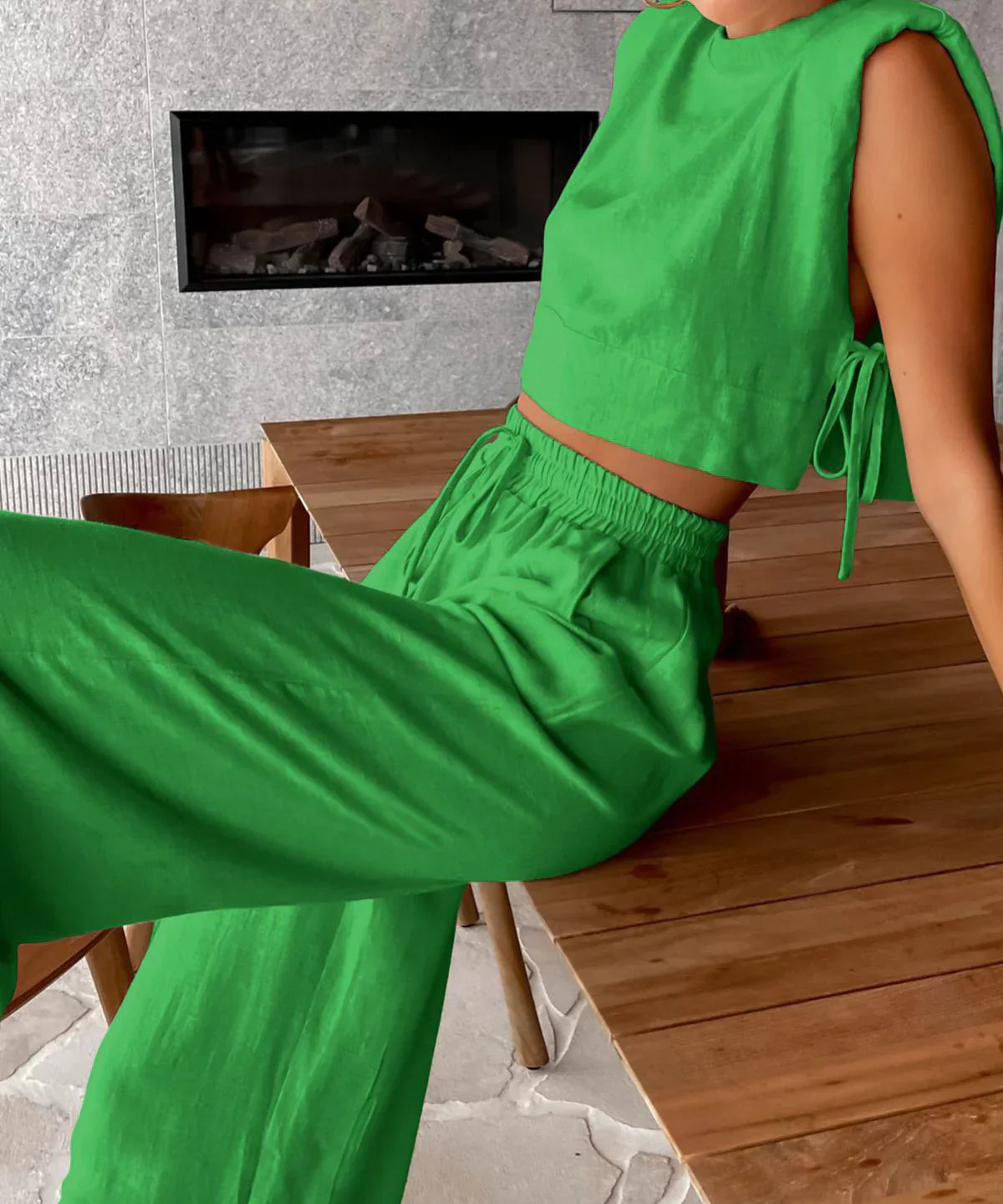 Auriane - Ensemble Pratique en Lin Deux Pièces avec Pantalon Large