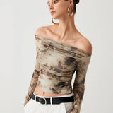 Ludivine - Crop Top en Tulle Terracotta à Épaules Dénudées