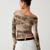 Ludivine - Crop Top en Tulle Terracotta à Épaules Dénudées