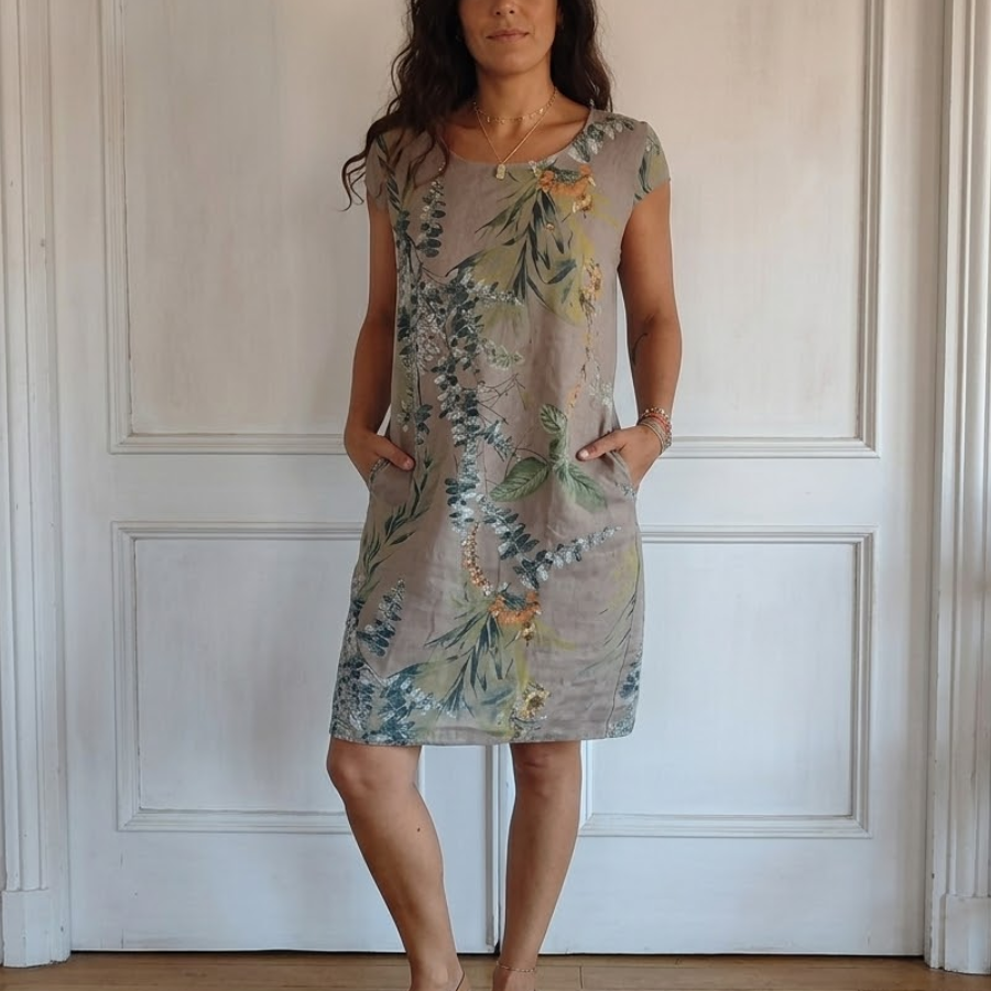 Delphine - Robe à col rond et imprimé botanique