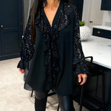 Cindy - Blouse Glamour Noire à Volants